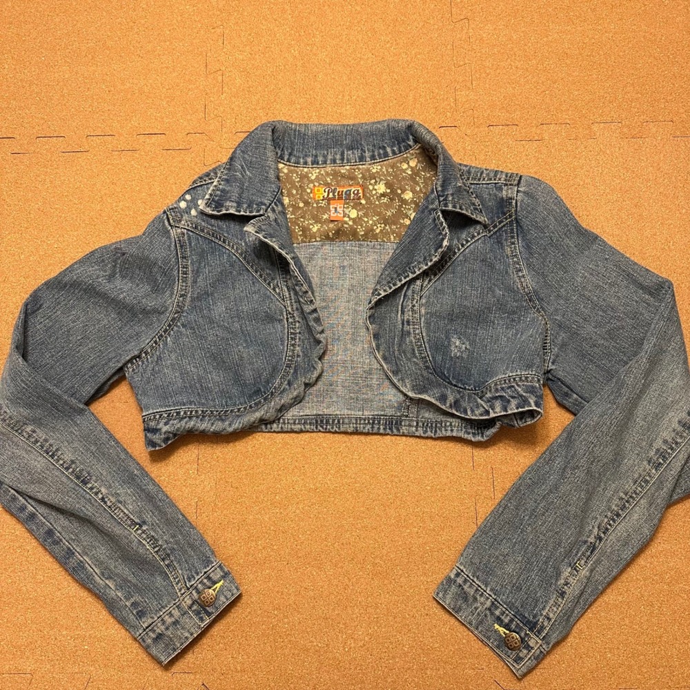 Plugg Denim Bolero Shrug Women L Blue Vintage Y2K Cropped Scalloped Jean Jacket
